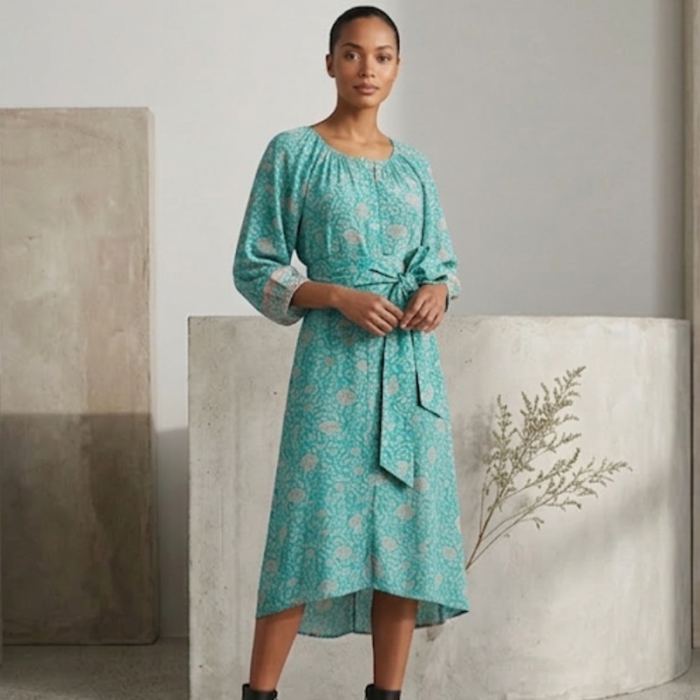 Natalie Martin Alex Silk Midi Shirt Dress Aqua Floral Amalfi Sea XS